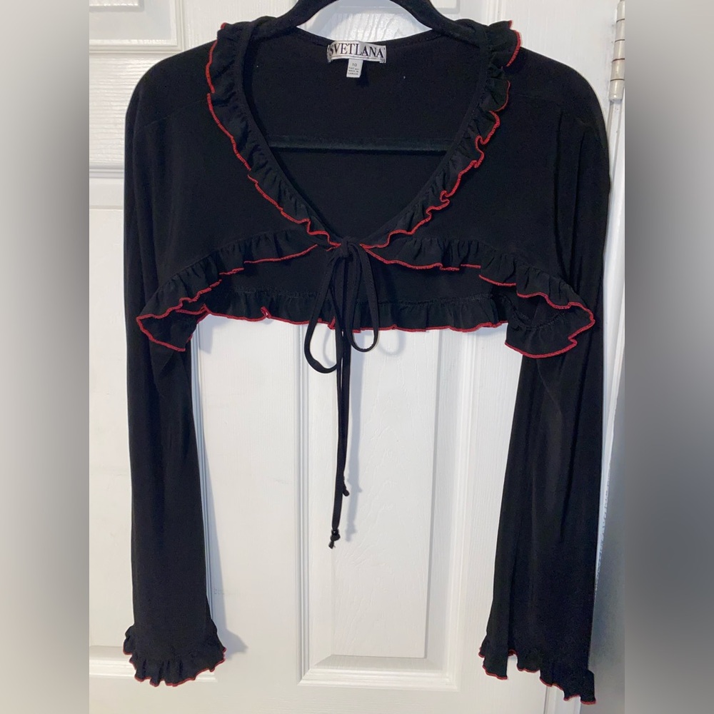 ✨2/$25✨ Black Ruffled Cropped Cardigan with Red Trim